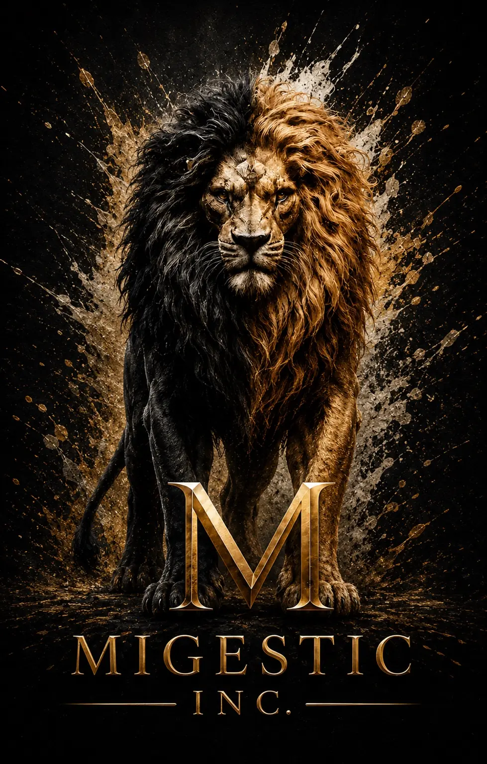 Full-body black-and-gold lion representing the MIGESTIC philosophy