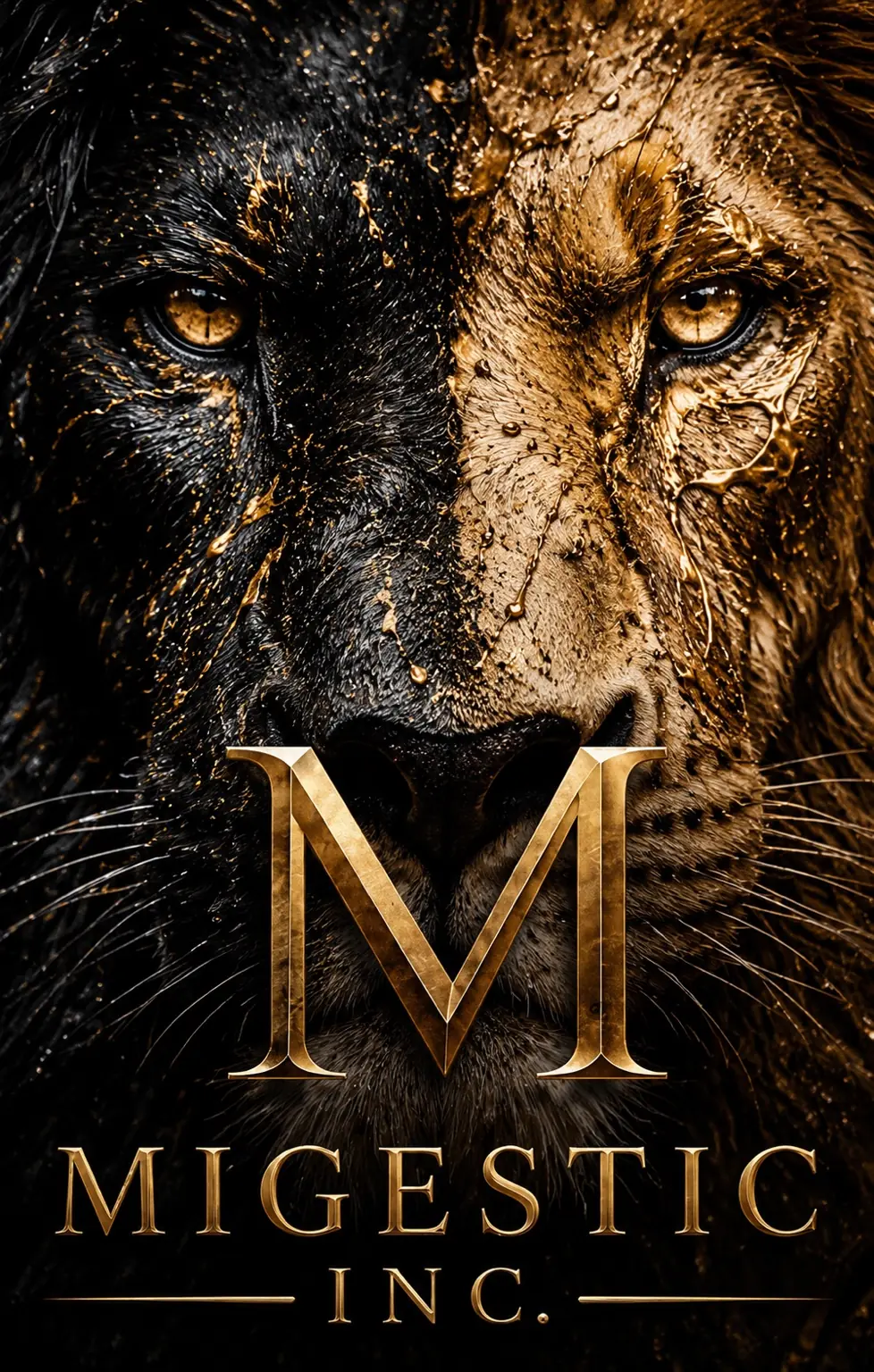 Close portrait of a lion divided between black and gold