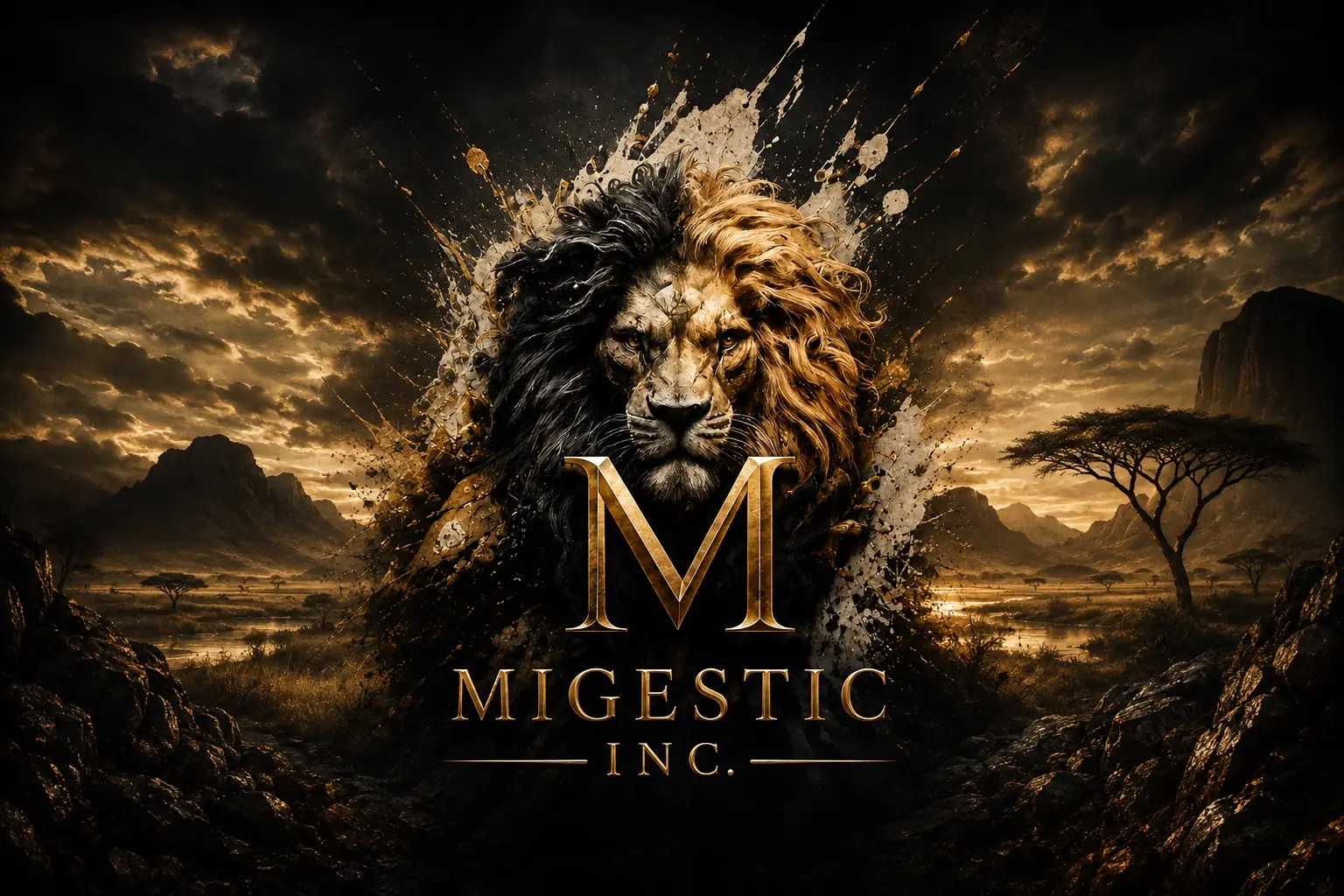 Black-and-gold lion in an African landscape